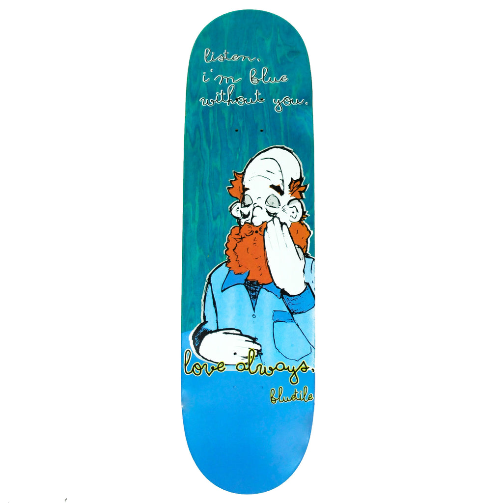 A Bluetile Skateboard with an image of a bearded man with a beard, featuring the BLUETILE LOVE ALWAYS 8.5 VARIOUS STAINS.