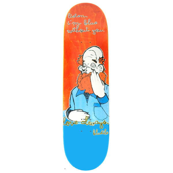 A Bluetile Skateboards with a bearded man image.
