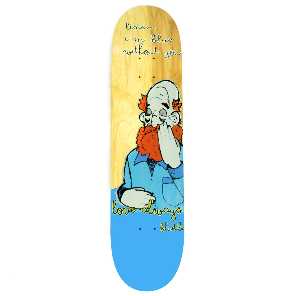 A BLUETILE LOVE ALWAYS NATURAL skateboard deck featuring a bearded man with a natural and timeless image.