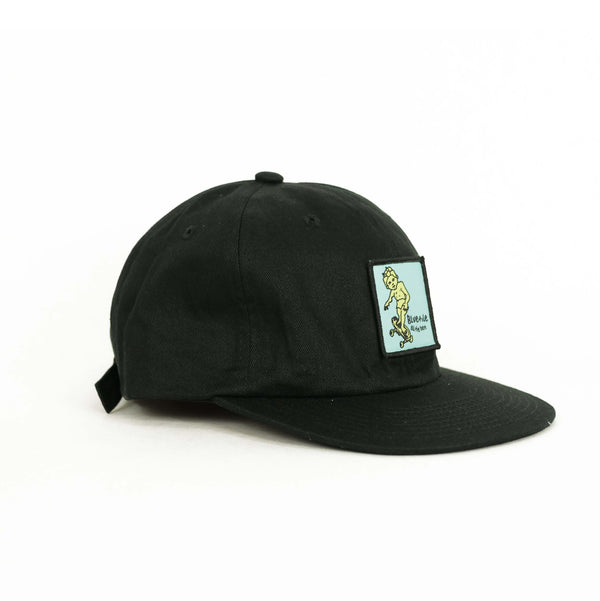 A BLUETILE SKETCHY PATCH HAT BLACK with a sketchy patch on it. (Brand Name: Bluetile Skateboards)