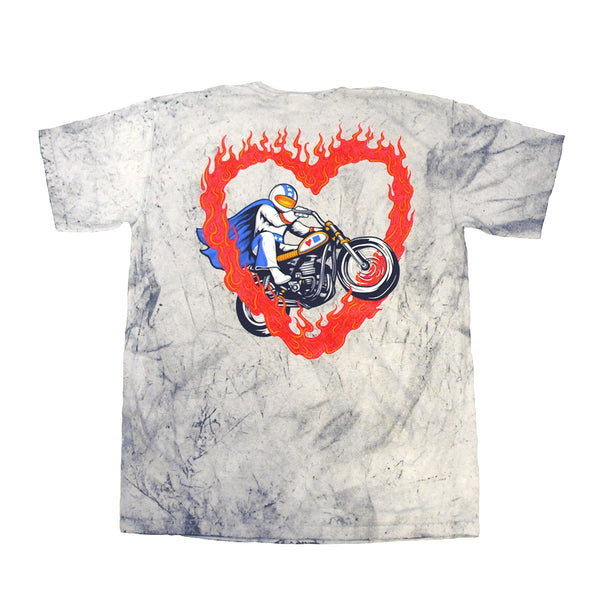 A BLUETILE STUNTS T-SHIRT GARAGE GREY with a heart on it, created using the pigment dye technique.