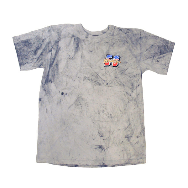 A BLUETILE STUNTS T-SHIRT GARAGE GREY with a number on it using pigmented dye technique. (Brand: Bluetile Skateboards)