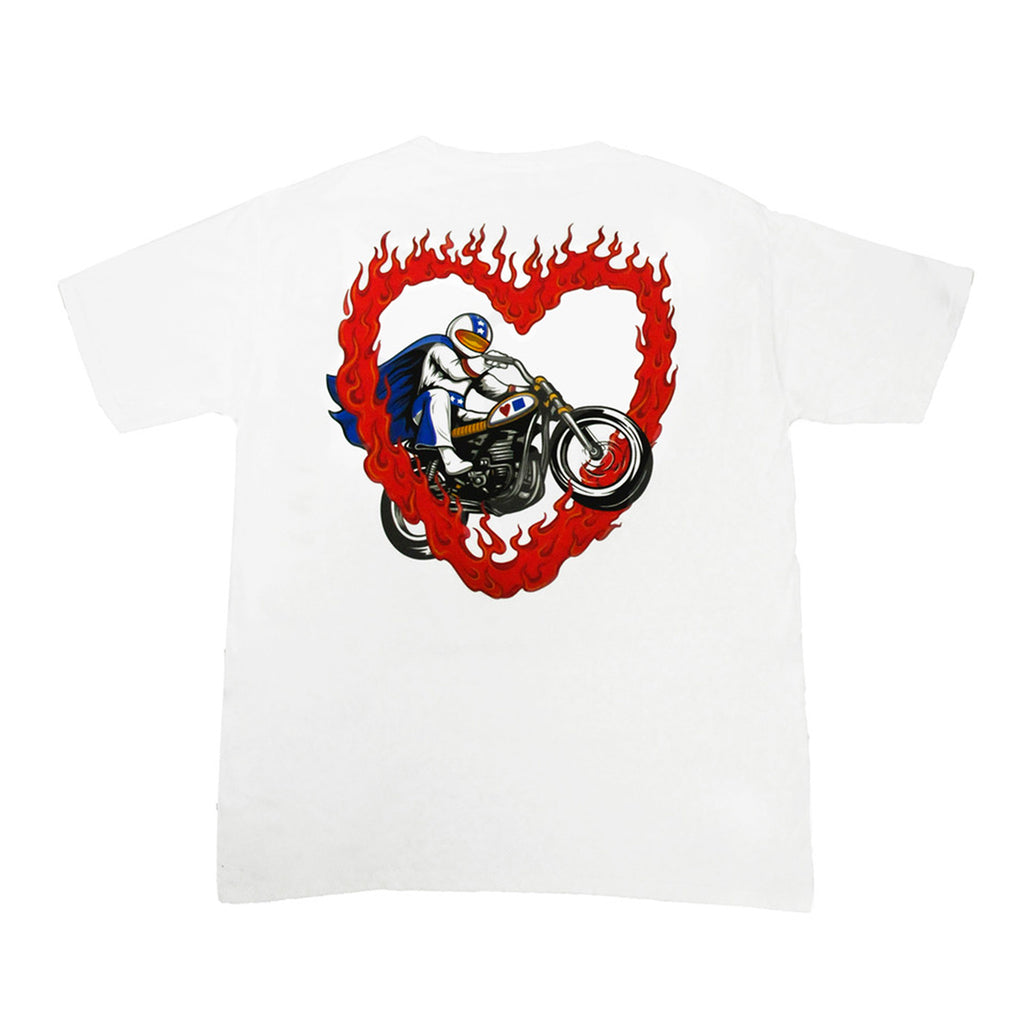 A BLUETILE STUNTS t-shirt white with a heart shaped motorcycle on it. (Brand: Bluetile Skateboards)