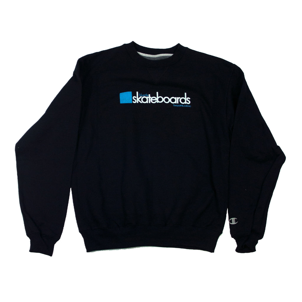 A BLUETILE OG 2001 LOGO CREWNECK BLACK sweatshirt with the word Bluetile Skateboards on it.