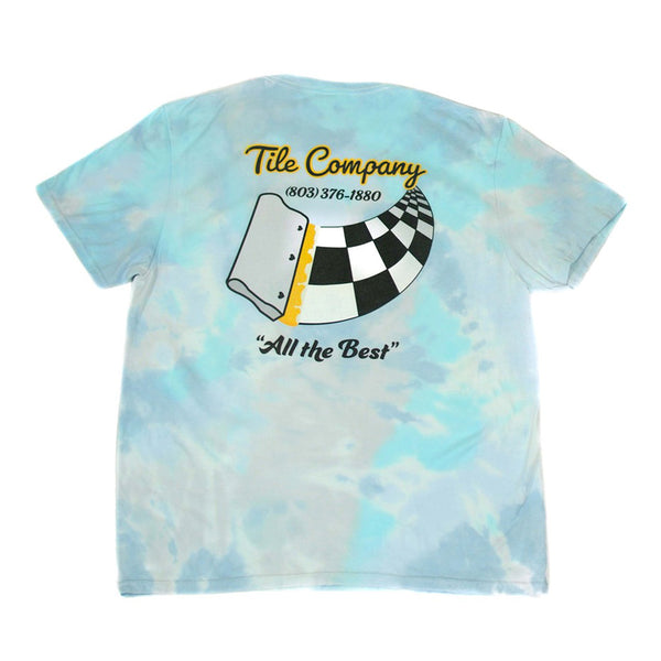The Bluetile Skateboards blue tie dye t-shirt.