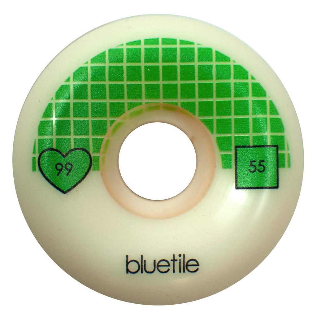 A BLUETILE WHEELS 55MM 99a CONICAL skateboard wheel with the bluetie word on it.