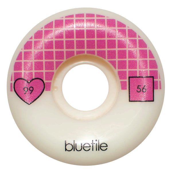 A BLUETILE WHEELS 56MM 99a CONICAL skateboard wheel with a pink heart on it from Bluetile Skateboards.