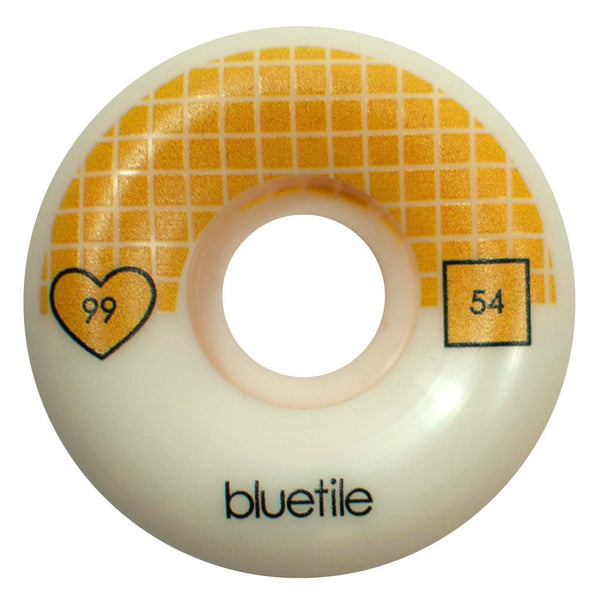A white and yellow BLUETILE WHEELS 54mm 99a CONICAL skateboard wheel with the word 'bluete' on it. These conical wheels measure 54mm in size. (Brand Name: Bluetile Skateboards)