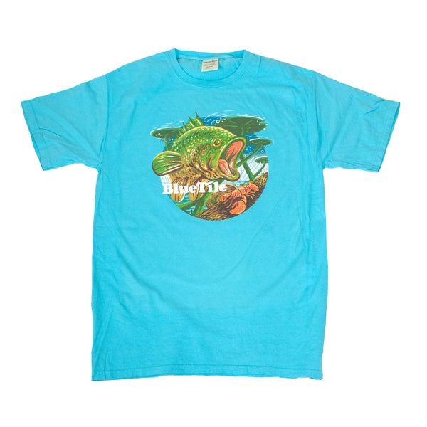 A BLUETILE WILDERNESS BASS T-SHIRT FRESHWATER BLUE with an image of a fish. (Brand: Bluetile Skateboards)