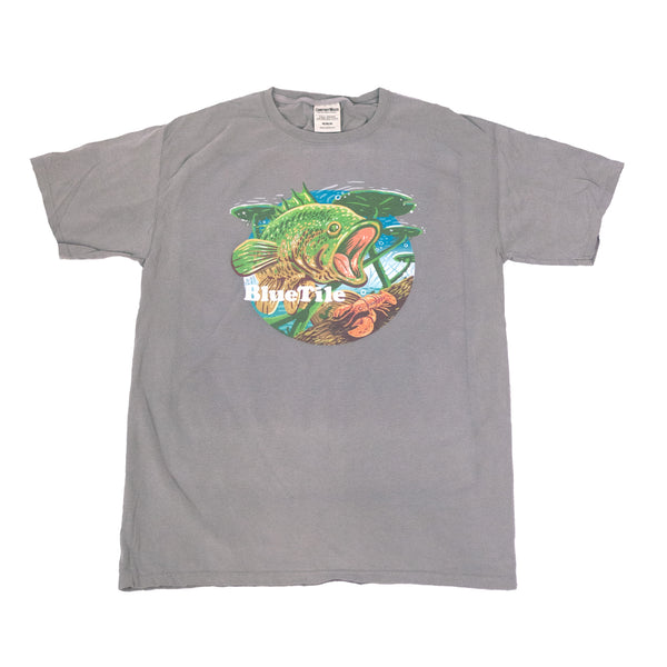 A Bluetile Wilderness Bass T-Shirt Concrete with an image of a bass fish on it.