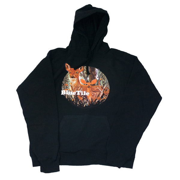 A BLUETILE WILDERNESS DEER HOODIE BLACK featuring a Bluetile Skateboards motif.