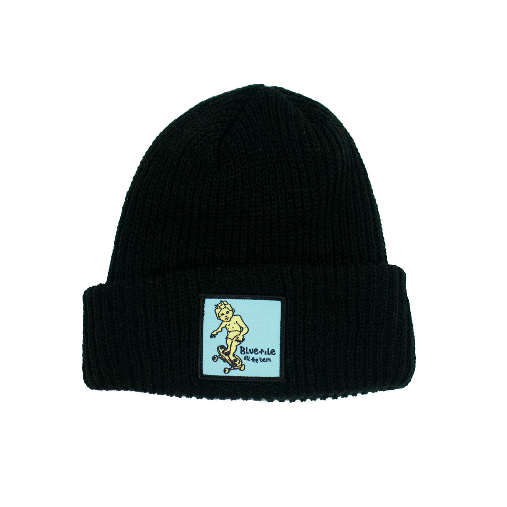 The BLUETILE X GONZ SKETCHY PATCH BEANIE BLACK by Bluetile Skateboards is a stylish black beanie featuring an image of a skateboarder.