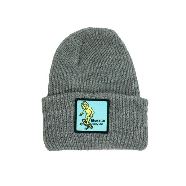 A BLUETILE X GONZ SKETCHY PATCH BEANIE GREY with a yellow frog on it, designed by Bluetile Skateboards.
