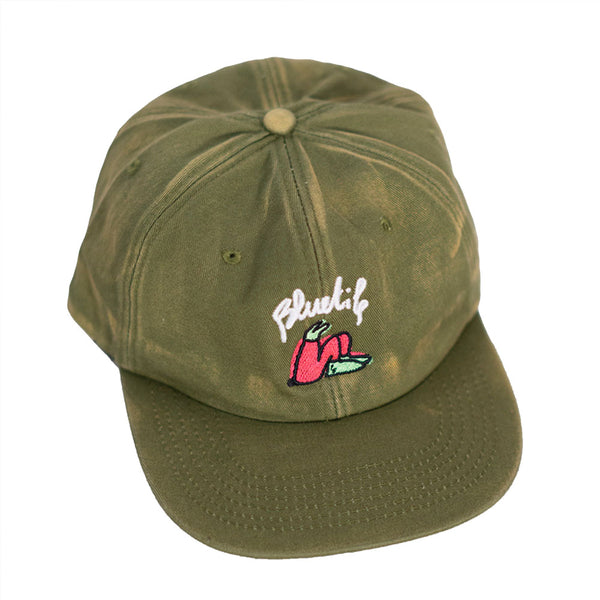 A BLUETILE X LUCAS BEAUFORT HAT FADED OLIVE with the word 'bluff' embroidered on it, inspired by Lucas Beaufort, made by Bluetile Skateboards.