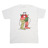 The BLUETILE X L.B. ANNIVERSARY PARTY TEE WHITE by Bluetile Skateboards is a white t-shirt featuring an illustration of a man and a woman.