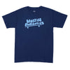 A Bluetile Skateboards navy Blue Tile Basic Shapes tee with geometric letters on it.