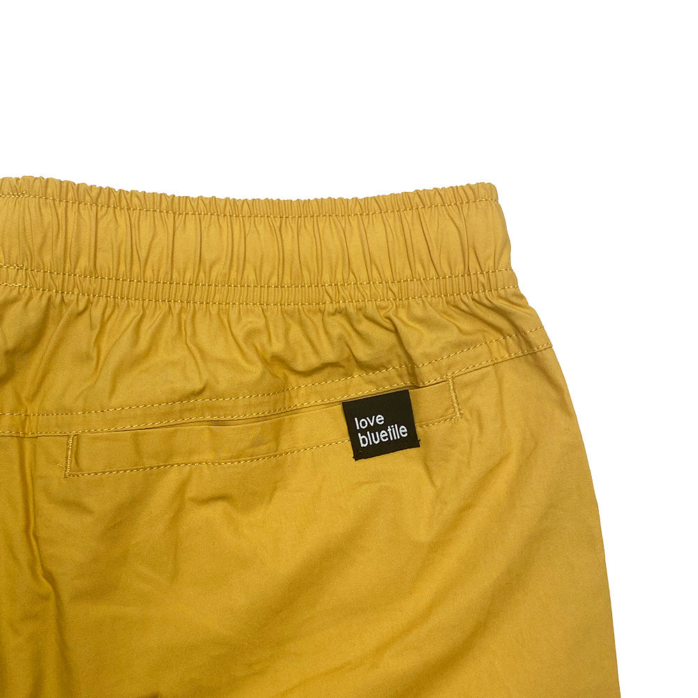 Bluetile Skateboards beach shorts with a black label.