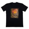 A Bluetile Skateboards black t-shirt with a BLUETILE CAMP SIDE TEE PINE BLACK design featuring a sunset image on the front.