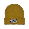 A yellow BLUETILE CRAFT PATCH BEANIE MUSTARD with a bluebelle patch from Bluetile Skateboards.