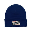 A BLUETILE CRAFT PATCH BEANIE COBALT embellished with the word bluelie, crafted by Bluetile Skateboards.