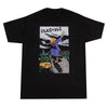 A Bluetile Skateboards Death Race Tee Black with an image of a skeleton riding a skateboard, perfect for those who love to skate and want to rock a unique tee.