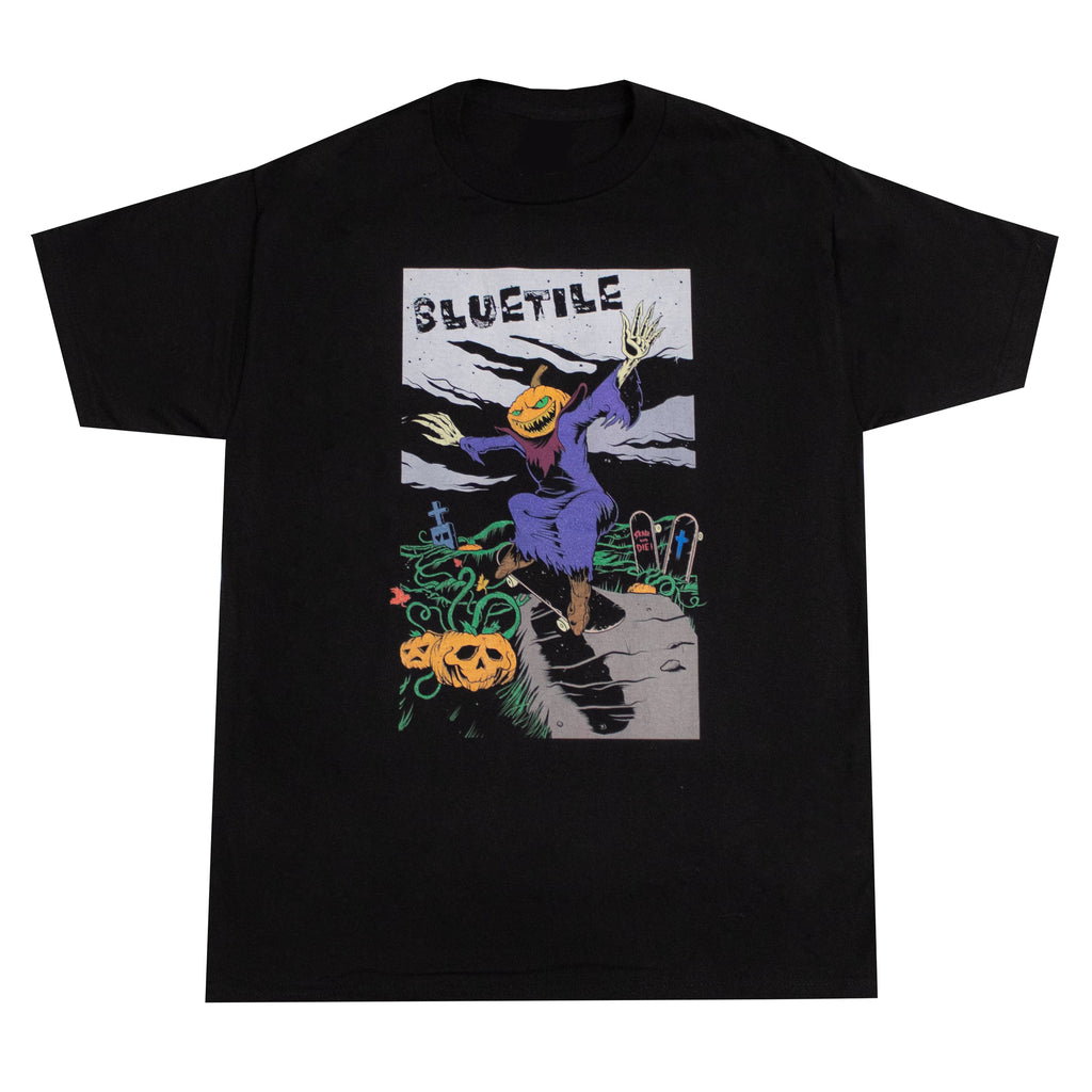 A Bluetile Skateboards Death Race Tee Black with an image of a skeleton riding a skateboard, perfect for those who love to skate and want to rock a unique tee.