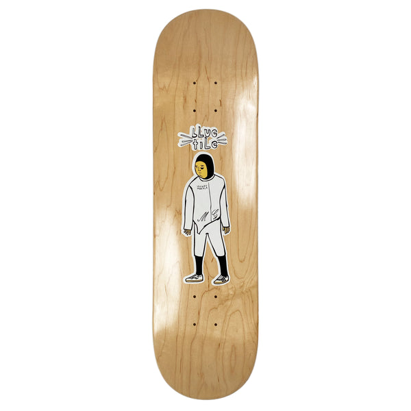 A BLUETILE FAVORITE SKATER NATURAL STAIN skateboard adorned with a captivating artwork of a man wearing a helmet.