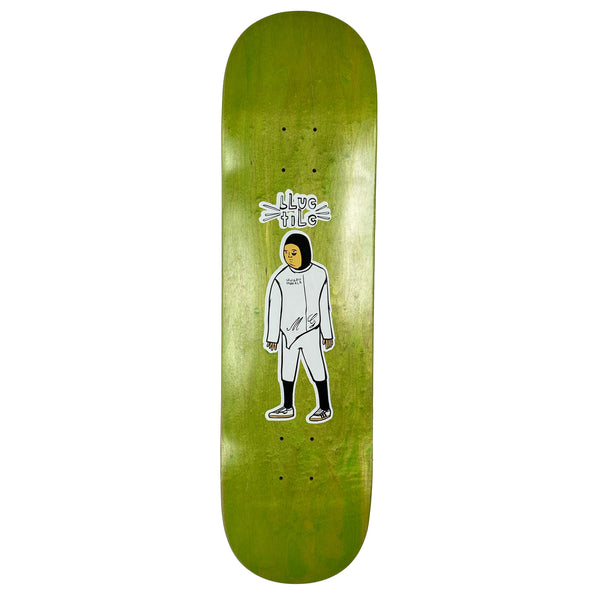 A BLUETILE FAVORITE SKATER VARIOUS STAINS skateboard with artwork featuring a cartoon figure on a green background.