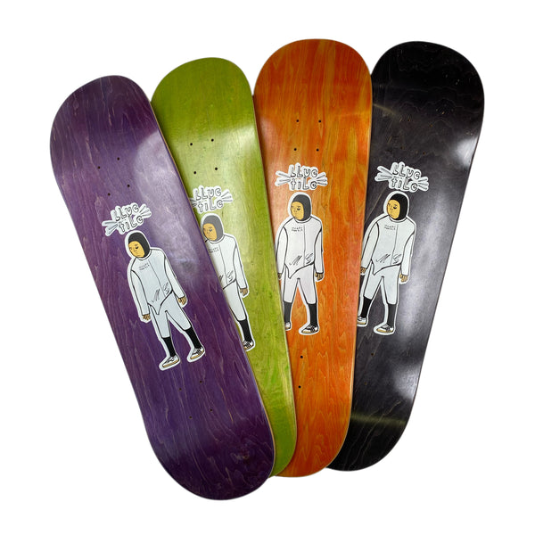 A set of Bluetile Skateboards with artwork featuring a cartoon character.