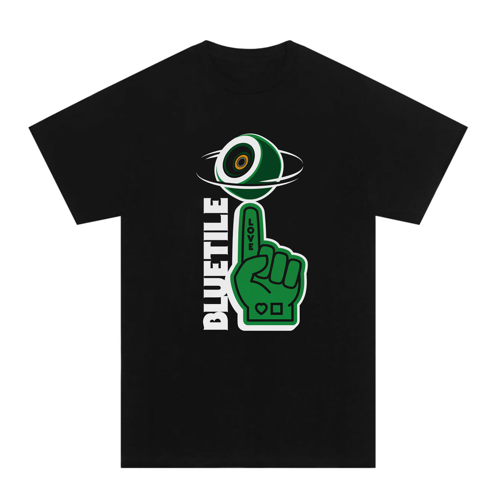 A Bluetile Skateboards heavyweight black t-shirt with an eye and a green foam finger.