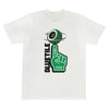 The BLUETILE GREEN FOAM FINGER TEE WHITE by Bluetile Skateboards features a green foam finger with "LOVE," a spinning eye above, and "BLUETILE" elegantly along the side.