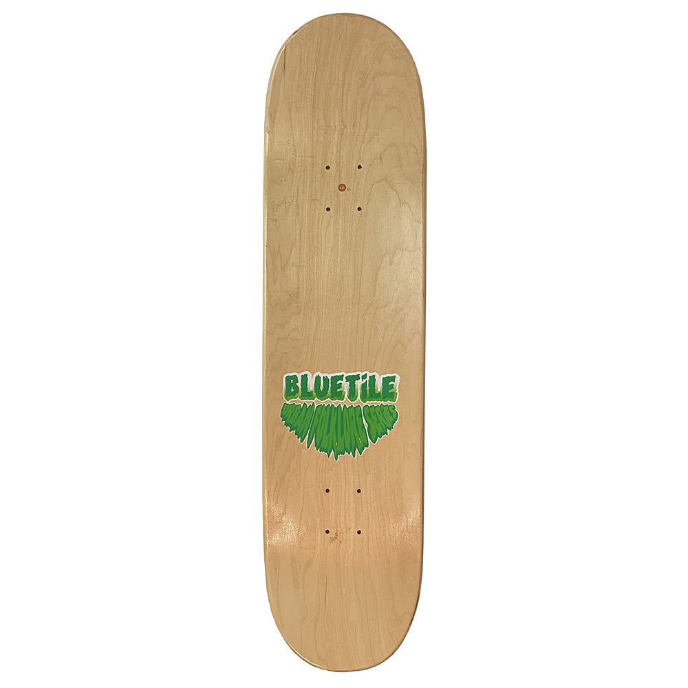 A skateboard from the Bluetile Folklore Series The Lizard Man with a green logo on it.