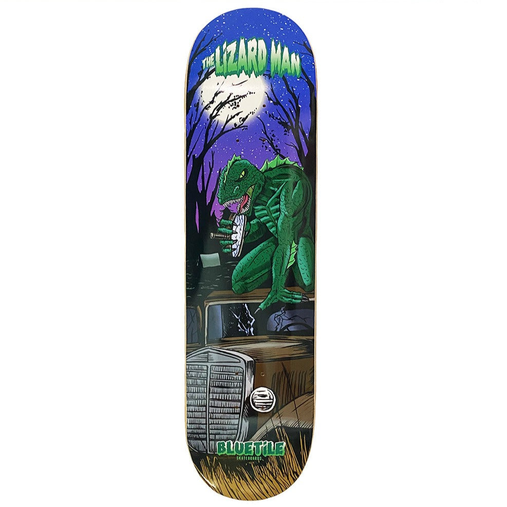 Introducing the BLUETILE FOLKLORE SERIES THE LIZARD MAN skateboard deck featuring the captivating artwork of Mark Kowalchuk. This eye-catching deck showcases a striking green lizard man design.