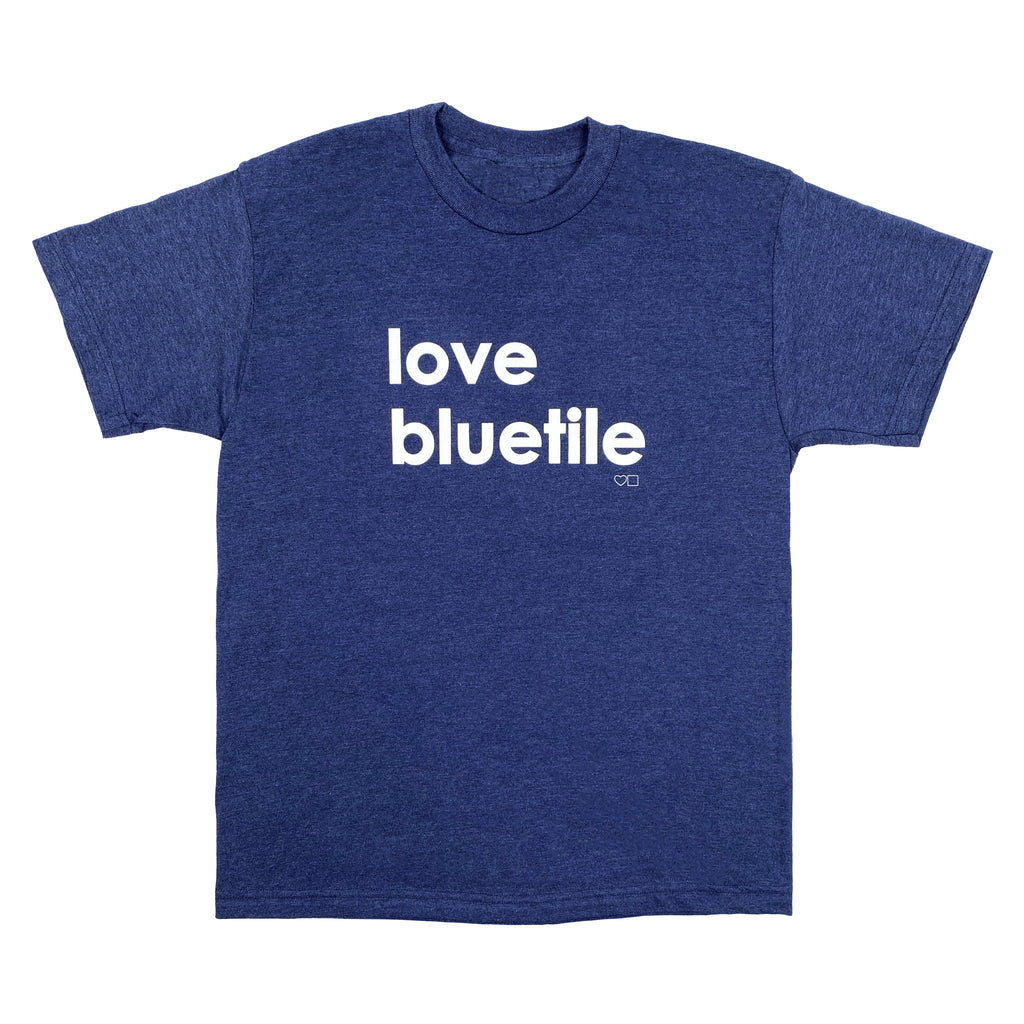 A Bluetile Skateboards navy t-shirt that says BLUETILE LOVE BLUETILE.