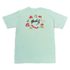 A mint green BLUETILE X L.B. MAGICAL QUEST TEE TEAL t-shirt with a logo on it featuring the Bluetile Skateboards Magical Quest Tee design.