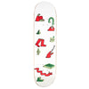 A white BLUETILE skateboard with red and green designs on it.