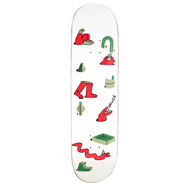 A white BLUETILE skateboard with red and green designs on it.