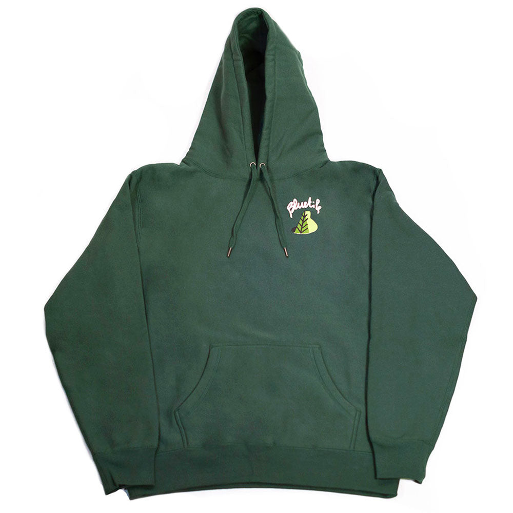 A green hoodie with a hood and Bluetile Skateboards BLUETILE X L.B. STILL GROWING HOODIE GREEN on it.