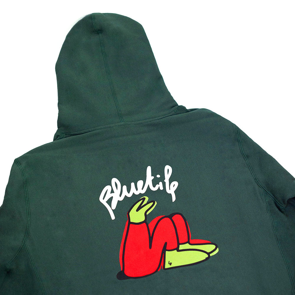 A BLUETILE X L.B. STILL GROWING HOODIE GREEN hoodie with a cartoon character on it. (Brand Name: Bluetile Skateboards)