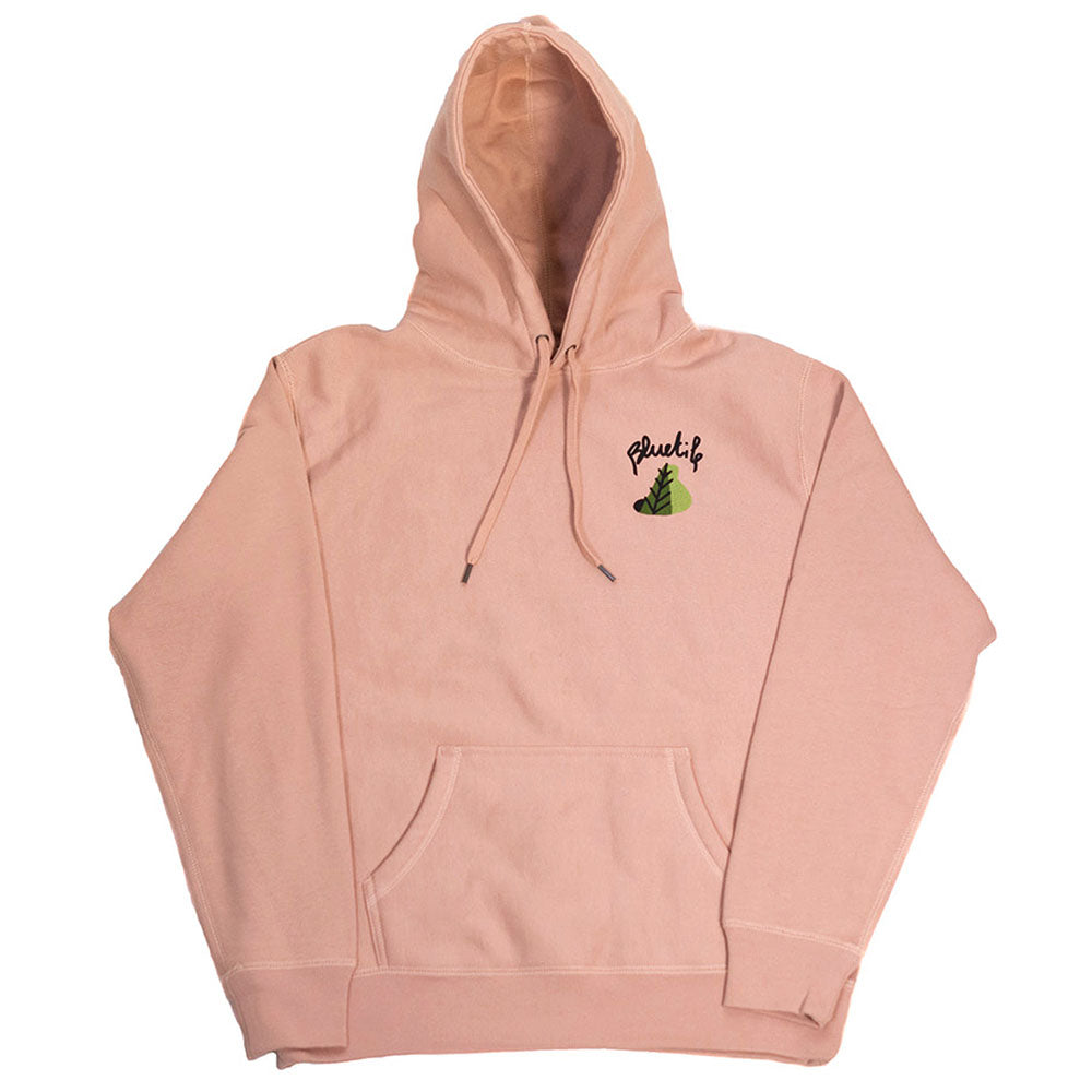 A Bluetile Skateboards X L.B. STILL GROWING HOODIE DUSTY PINK with the word avocado on it, featuring dusty pink artwork.
