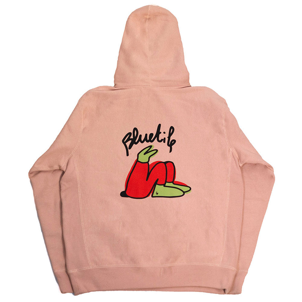 A dusty pink Bluetile X L.B. Still Growing Hoodie with artwork of a red pepper on it.