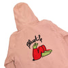 A Bluetile Skateboards BLUETILE X L.B. STILL GROWING HOODIE DUSTY PINK with red and green artwork.