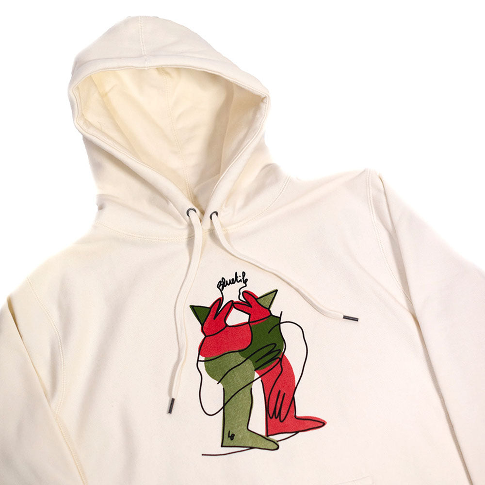 A BLUETILE X L.B. ANNIVERSARY PARTY HOODIE BONE with a red and green drawing on it featuring artwork by Lucas Beaufort. (Brand Name: Bluetile Skateboards)