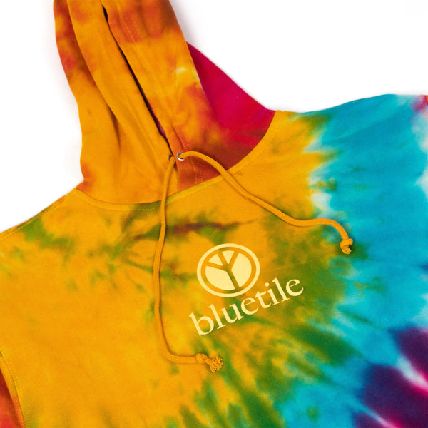 A BLUETILE PEACE OUT TIE DYE HOODIE YELLOW with the brand name Bluetile Skateboards on it.