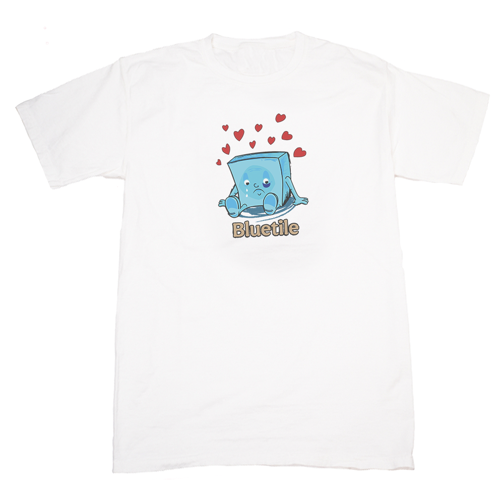 A BLUETILE SAD ALBERT SHIRT WHITE with an image of a cube with hearts on it. (by Bluetile Skateboards)