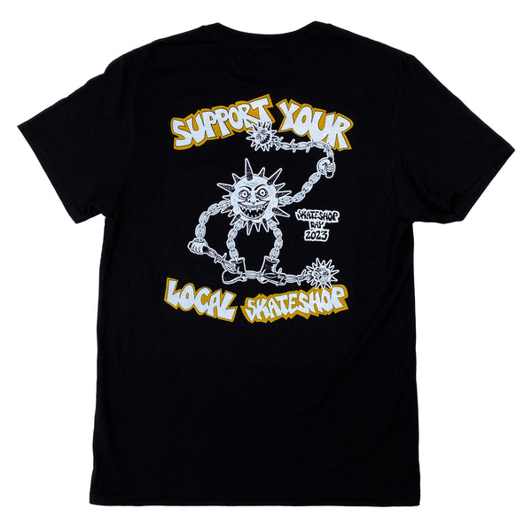 A BLUETILE Skateboards X SKATESHOPDAY Tee Black with artwork that says, "survive your local skateboard".