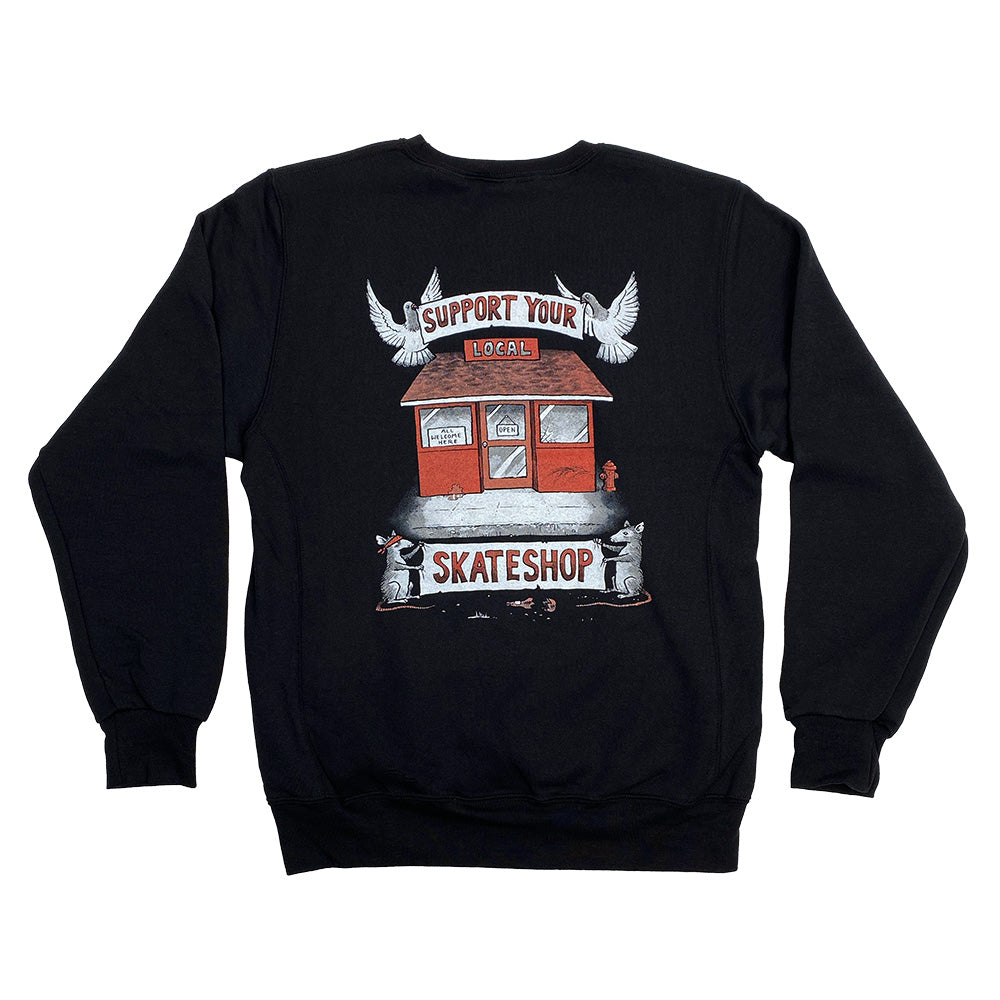 A black sweatshirt featuring a SKATE SHOP DAY TODD FRANCIS CREWNECK design, perfect for Bluetile Skateboards.