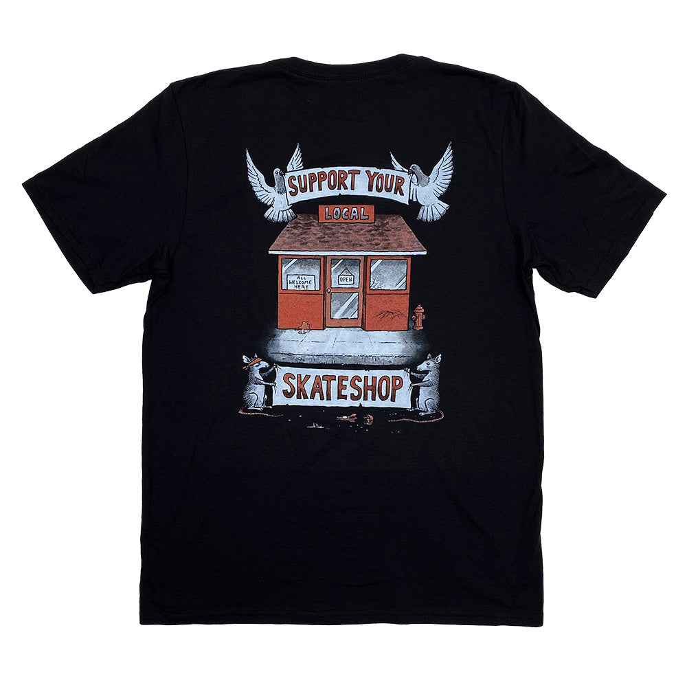 A black Bluetile Skateboards SKATE SHOP DAY TODD FRANCIS tee with the words 'comfort town skateshop' on it.