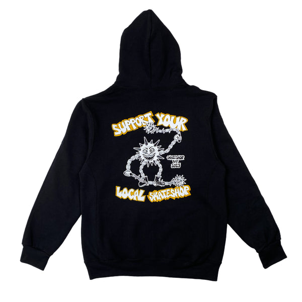 A BLUETILE X SKATESHOPDAY HOODIE BLACK with an image of a cartoon character on it, perfect for Bluetile Skateboards.