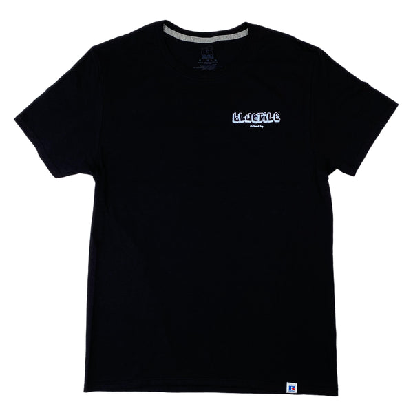 A BLUETILE X SKATESHOPDAY TEE BLACK with a white logo on it, perfect for Skate Shop Day.